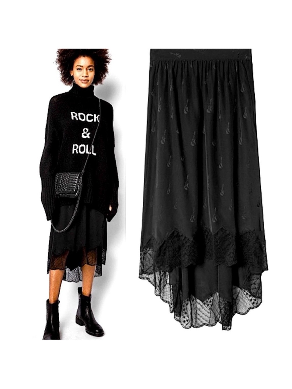 Zadig & Voltaire Black Lace-Trim High-Low Midi Skirt